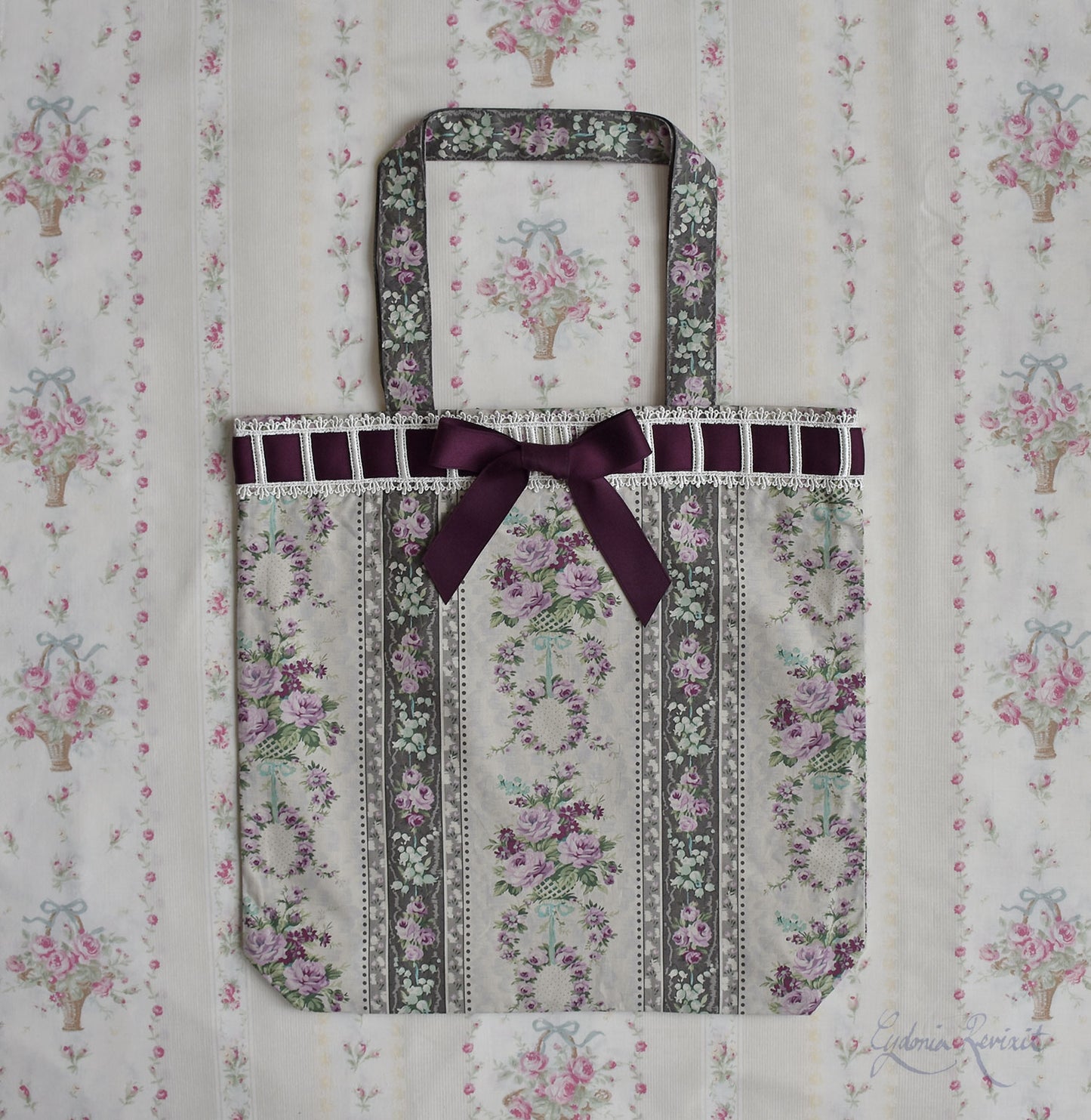 [Nostalgia Series] Laced-up Floral Print Tote Bag: Muguet & Rose